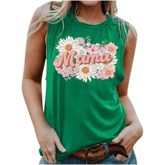 Meichang Mama Tank Tops for Women Funny Floral Letter Graphic Mother's Day Loose T-Shirts Casual Vest Sleeveless Crew Neck Summer Tops Mother's Day Gifts for Mom Green M