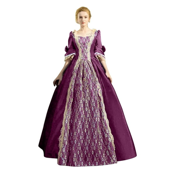 FYEGRE 18th Century Dress Victorian Baroque Dress Long Satin Rococo Party Dresses A-Line Gothic Style Dress For Women Plus Size Fashion Midi Party Gown With Flare Sleeves Purple XXL