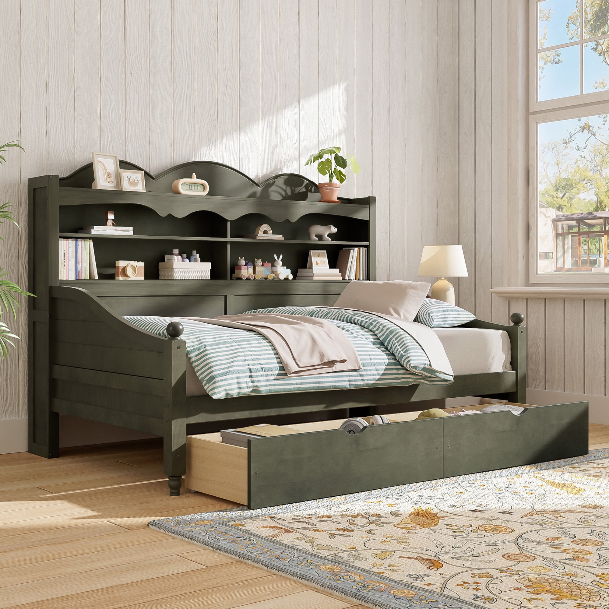 Euroco Wood Twin Size Daybed with Drawers, Captain Bed with Shelves, Antique Grey