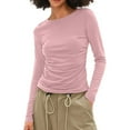 thumbnail image 3 of TKLPEHG Womens Tops Long Sleeve Crew Neck Pleated Slim Tops Classic Solid Color Lightweight Fashion Loose Casual Blouse (Pink,L), 3 of 7