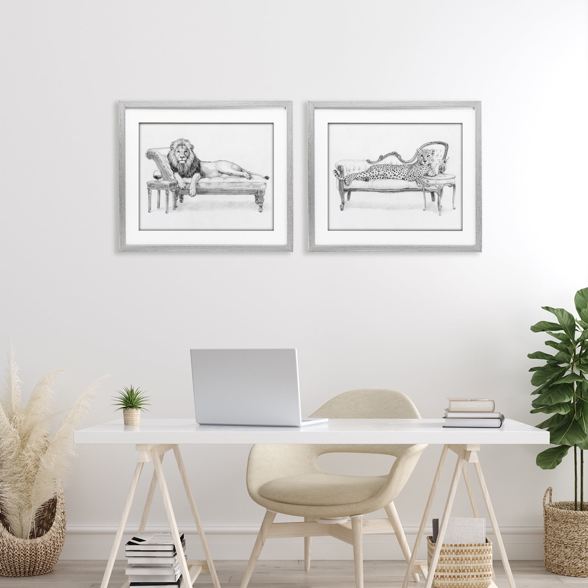 Stupell Industries Lounging Beasts Wildlife 2 Piece Gray Framed Print Under Glass Set, design by Victoria Barnes