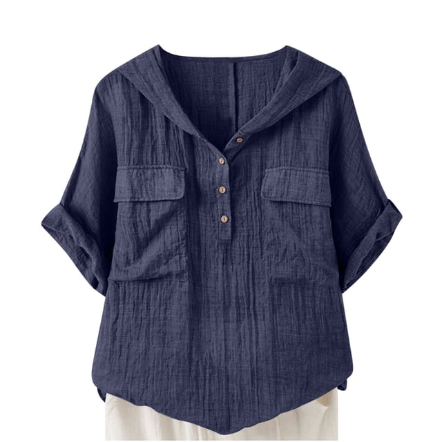 Vestidos Casuales Para Mujer, Blusas De Mujer De Moda Blusa de verano con capucha y cuello en V, manga corta, botones sueltos, de imitación de lino y lino, para mujer