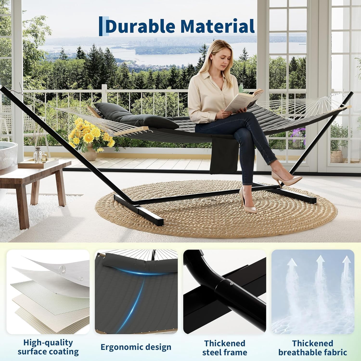 2 Person Outdoor Hammock with Stand, Heavy Duty Portable Double Hammock with Balance Rope, MAX 450 LBS Capacity for Patio, Backyard, Garden, Beach