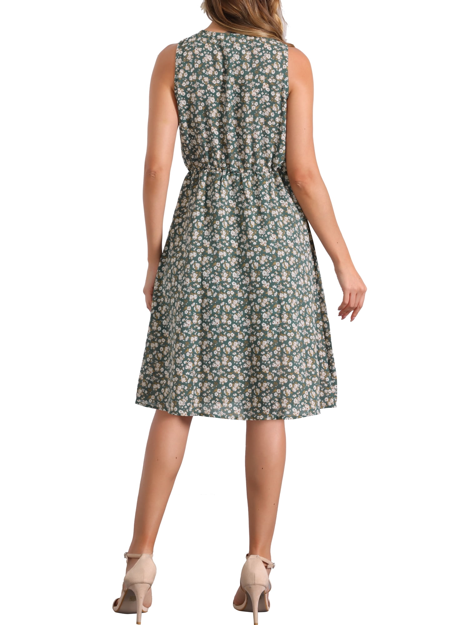 DARING DIVA Floral Sleeveless Drawstring Waist A-Line Dress XS Dark Green