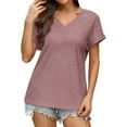 thumbnail image 2 of HomeDM Womens V-Neck Short Sleeve T-Shirts Solid Color Loose Fit Summer Pullover Tops - Pink/L, 2 of 6