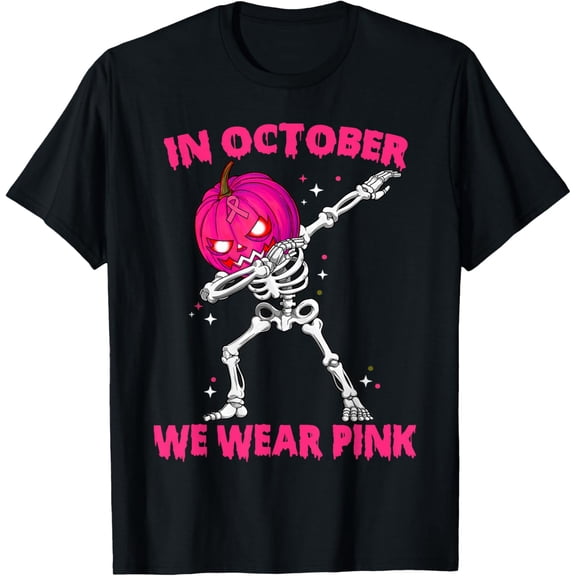 In October We Wear Pink Breast Cancer Skelenton Pumpkin Halloween T-Shirt