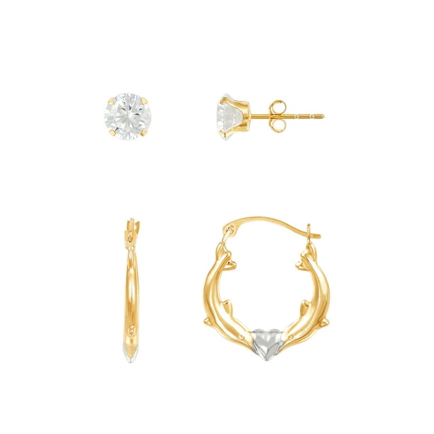Brilliance - Brilliance Dolphins Hoop and 6MM CZ 10K Yellow Gold Set ...