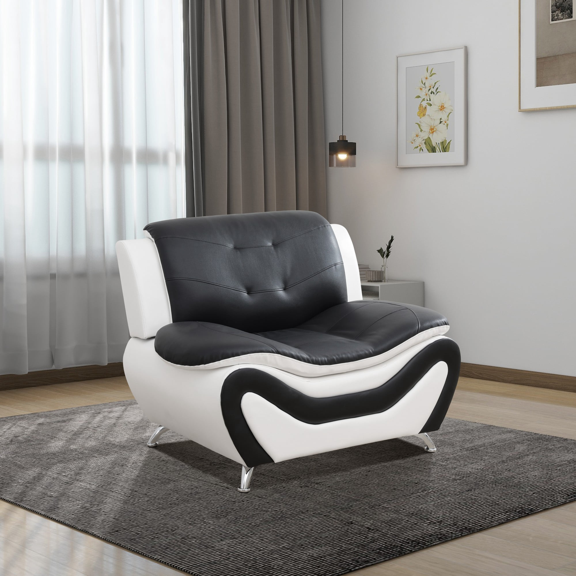 Gewnee Accent Chair Single Sofa, 42" Breathable Leather Sofa Chair with Solid Wood Frame & Metal Legs, Modern Furniture for Living Room Bedroom Office, Black and White