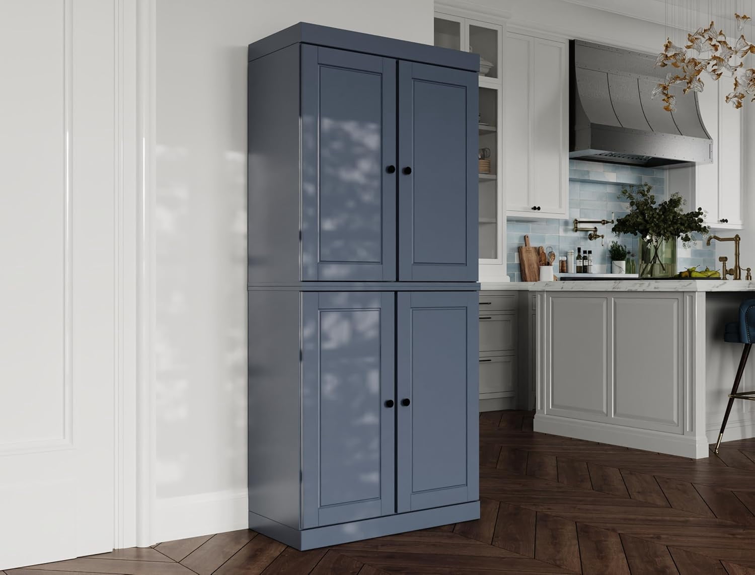 100% Solid Wood Kitchen Pantry Storage Cabinet with Doors and Adjustable Shelves,  Antique Blue