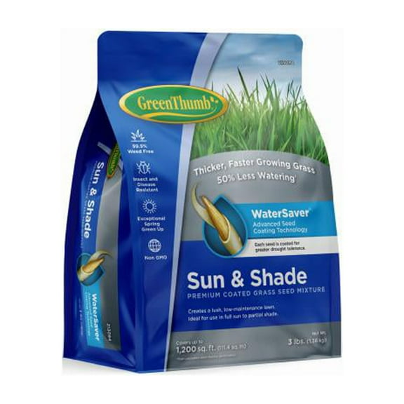 Green Thumb GREUN160 Premium Coated Grass Seed, Sun/Shade, 3 Lbs., Covers 1,200 Sq. Ft. - Quantity 1