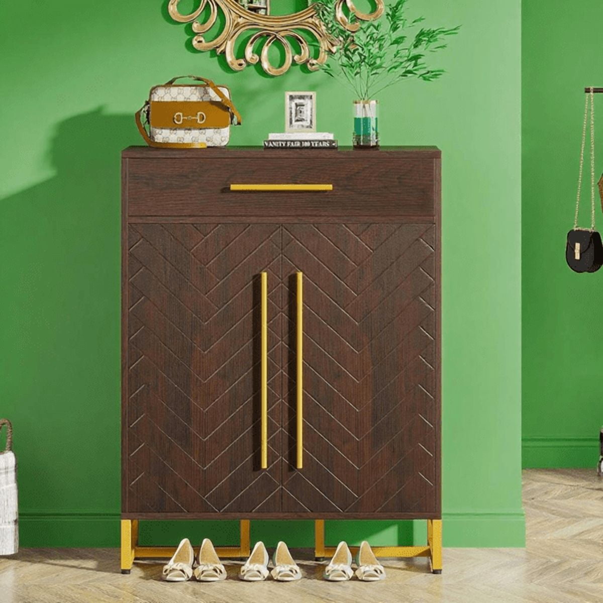 5-Tier Shoe Cabinet with Drawer - 20-Pair Capacity, Adjustable Shelves, Walnut Finish with Gold Accents, for Entryway/Living Room