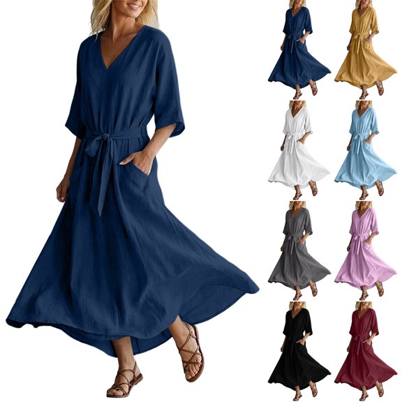 Smsaxvxz Women's Summer Dresses Fashion Solid V Neck 3/4 Sleeve Tie Knot Waist Maxi Dress with Pockets Casual Loose Beach Sundress Navy S