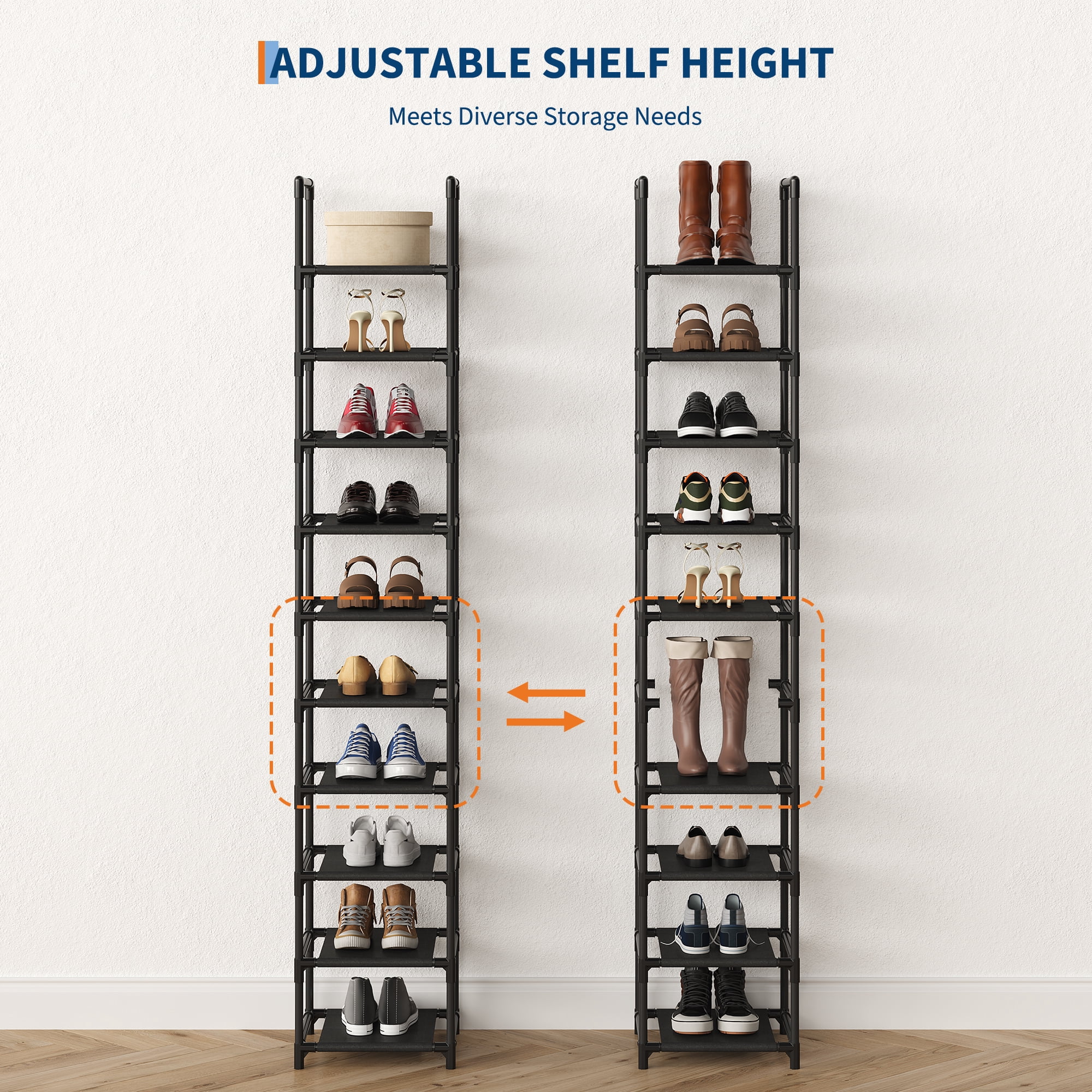PYY 10-Tier Metal Shoe Rack Organizer – Space-Saving Tall Vertical Storage Stand – Removable Fabric Shelves – Sturdy Narrow Design for Entryway, Closet, Living Room and Home Office – 330*330*1730mm