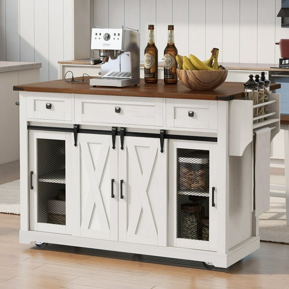 58" Farmhouse Kitchen Storage Island with Drop Leaf, Power Outlet, Sliding Barn Door & Metal Grid Side Door, Rolling Kitchen Island on 5 Wheels with Spice Rack, Glass Holders