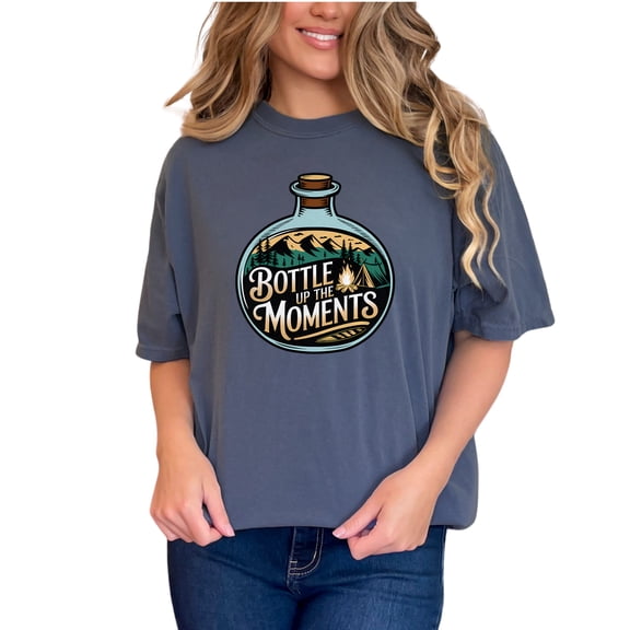Bottle Up The Moments T-Shirt, Adventure Nature Lover Tee, Camping Hiking Graphic Shirt, Outdoors Enthusiast Gift, Unique Print, Denim Comfort Colors T-Shirt, Small