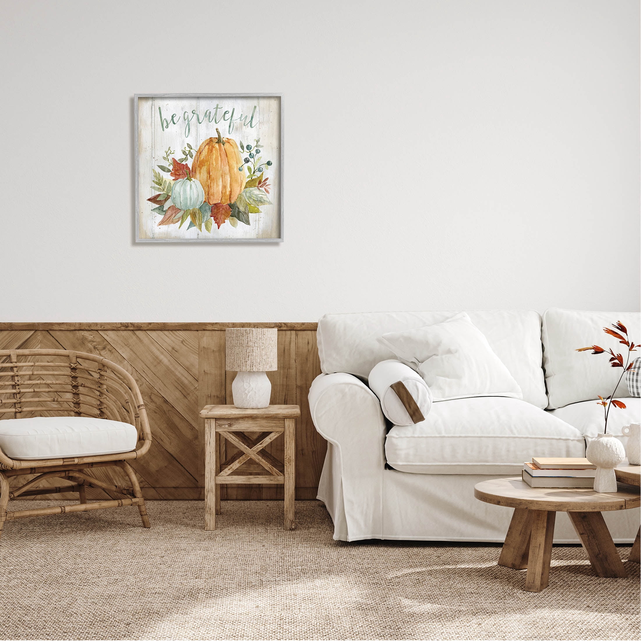 Stupell Industries Be Grateful Autumnal Botanicals Graphic Art Gray Framed Art Print Wall Art, Design by Livi Finn
