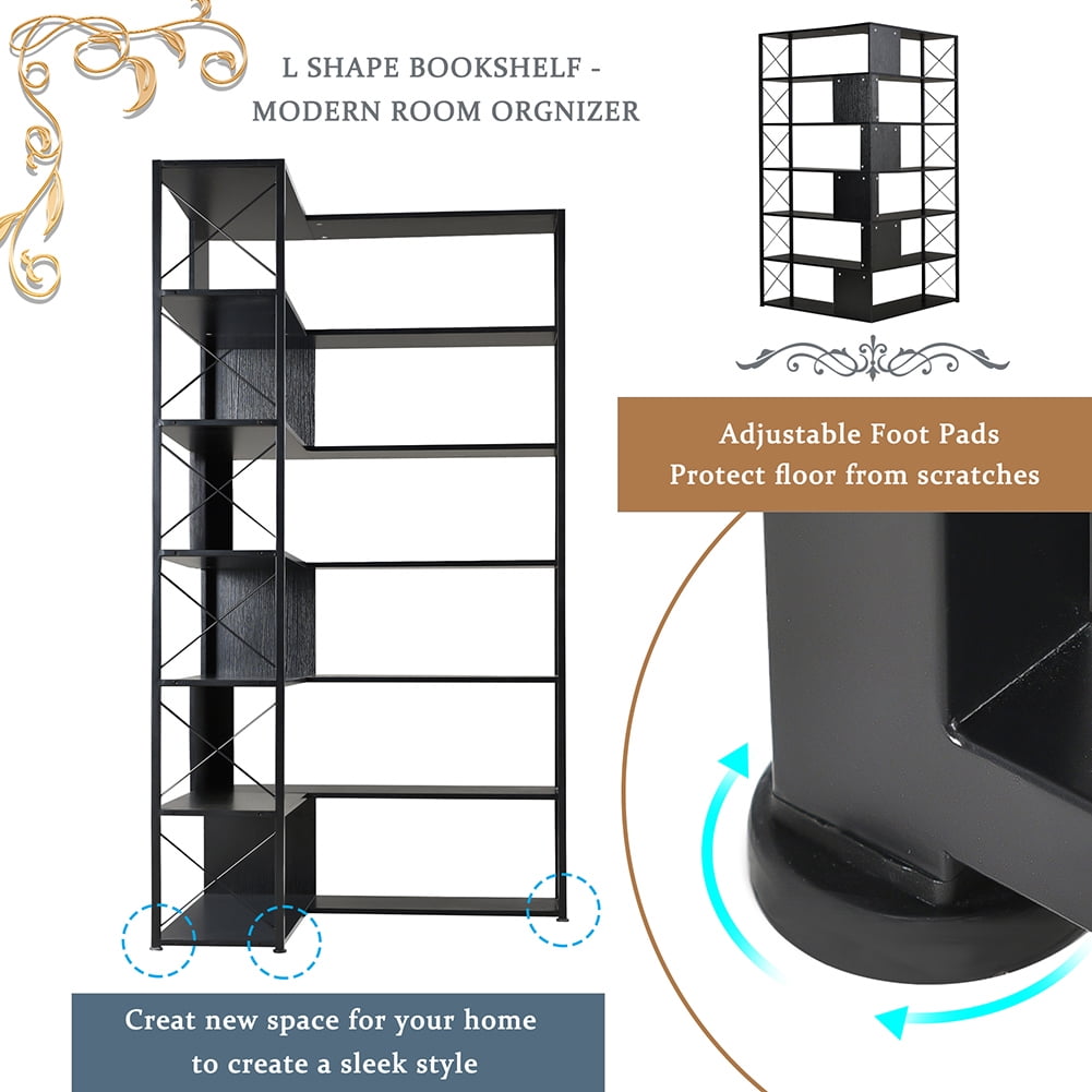 Resenkos 7-Tier Bookcase Home Office Bookshelf,L-Shaped Corner Bookcase with Metal Frame,Industrial Style Shelf with Open Storage,Black Resenkos 7-Tier Bookcase Home Office Bookshelf,L-Shaped Corner Bookcase with Metal Frame,Industrial Style Shelf with Open Storage,Black