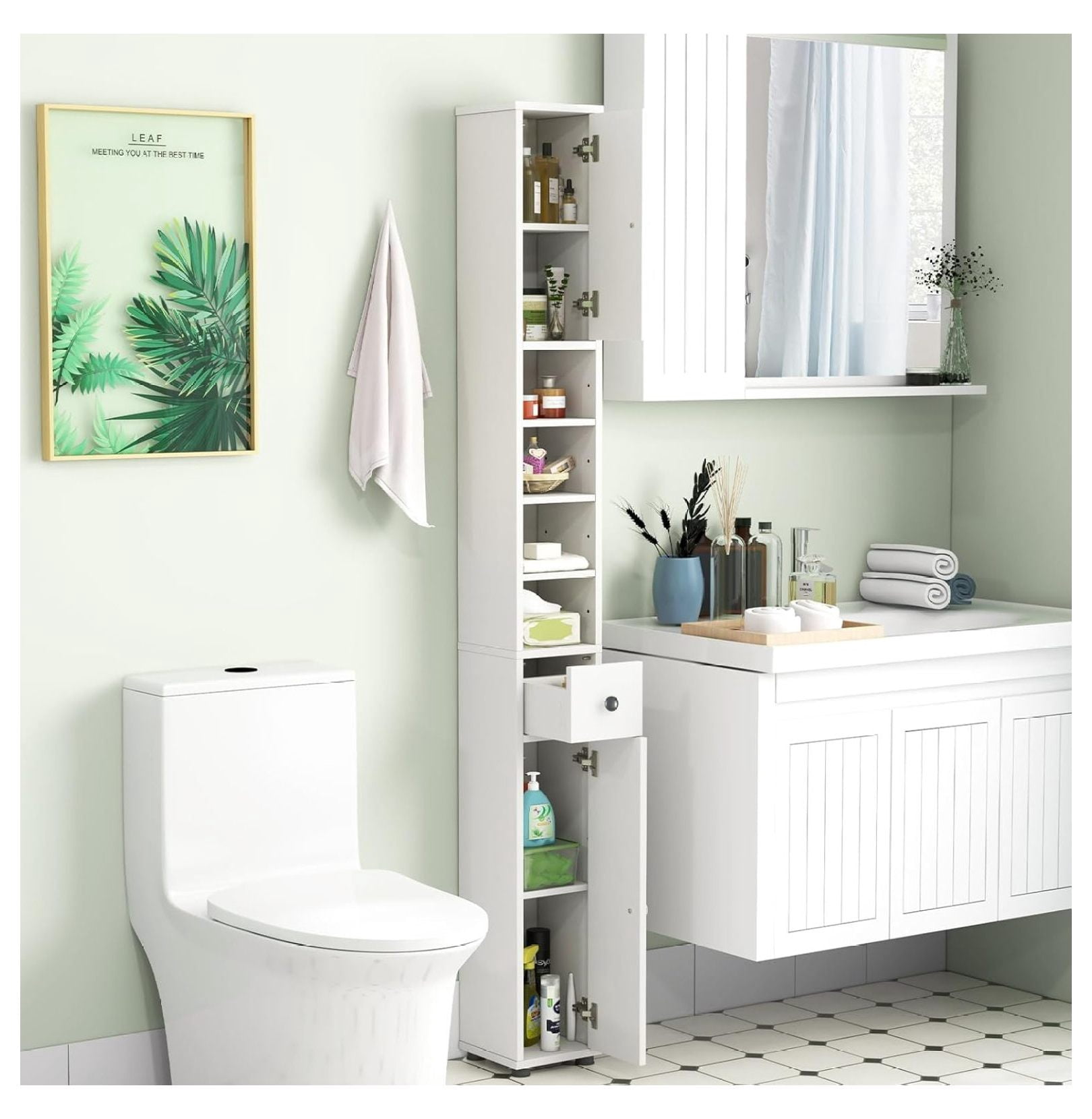 WDZS Tall Slim Bathroom Storage Cabinet, 71" Freestanding Bathroom Cabinet w/ 2 Doors, 1 Drawer & 5 Adjustable Shelves, Floor Narrow Tower Cabinet for Small Spaces, 8" x 8" x 71" (White)