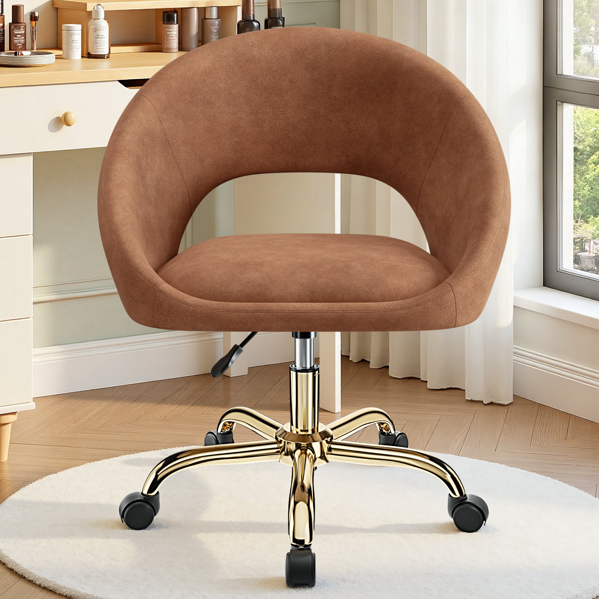 COOLHUT Home Office Desk Chairs, Adjustable Swivel Vanity Chair, Modern Makeup Vanity Chairs, Rolling Vanity Chair with Golden Base for Bedroom, Living Room, Computer Room, Brown