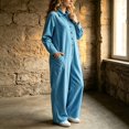thumbnail image 2 of Tqcoqu Women's Button Front One Piece Jumpsuit, Collared Long Sleeve Loose Wide Leg One Piece Jumpsuit with Patch Pockets, 2 of 7