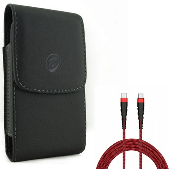 Type-C to USB-C 10ft PD Cable w Leather Case Belt Clip for Samsung Galaxy A53 5G,A33 5G Phones - Charger Cord Power Wire Sync, Holster Cover Pouch Vertical