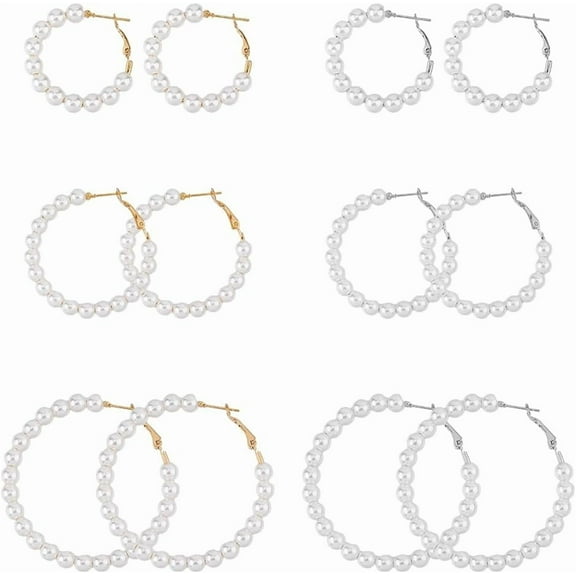 6 Pairs Pearl Hoop Stud Earring Open Circle Dangle Drop Earrings White Pearl Beaded Hoop Earrings Wedding Valentine's Day Brides Gift for Women
