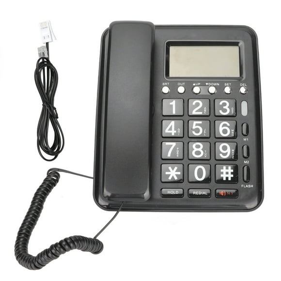 Teléfono fijo con cable, identificador de llamadas, manos libres, pantalla azul, color negro, para casa y oficina.