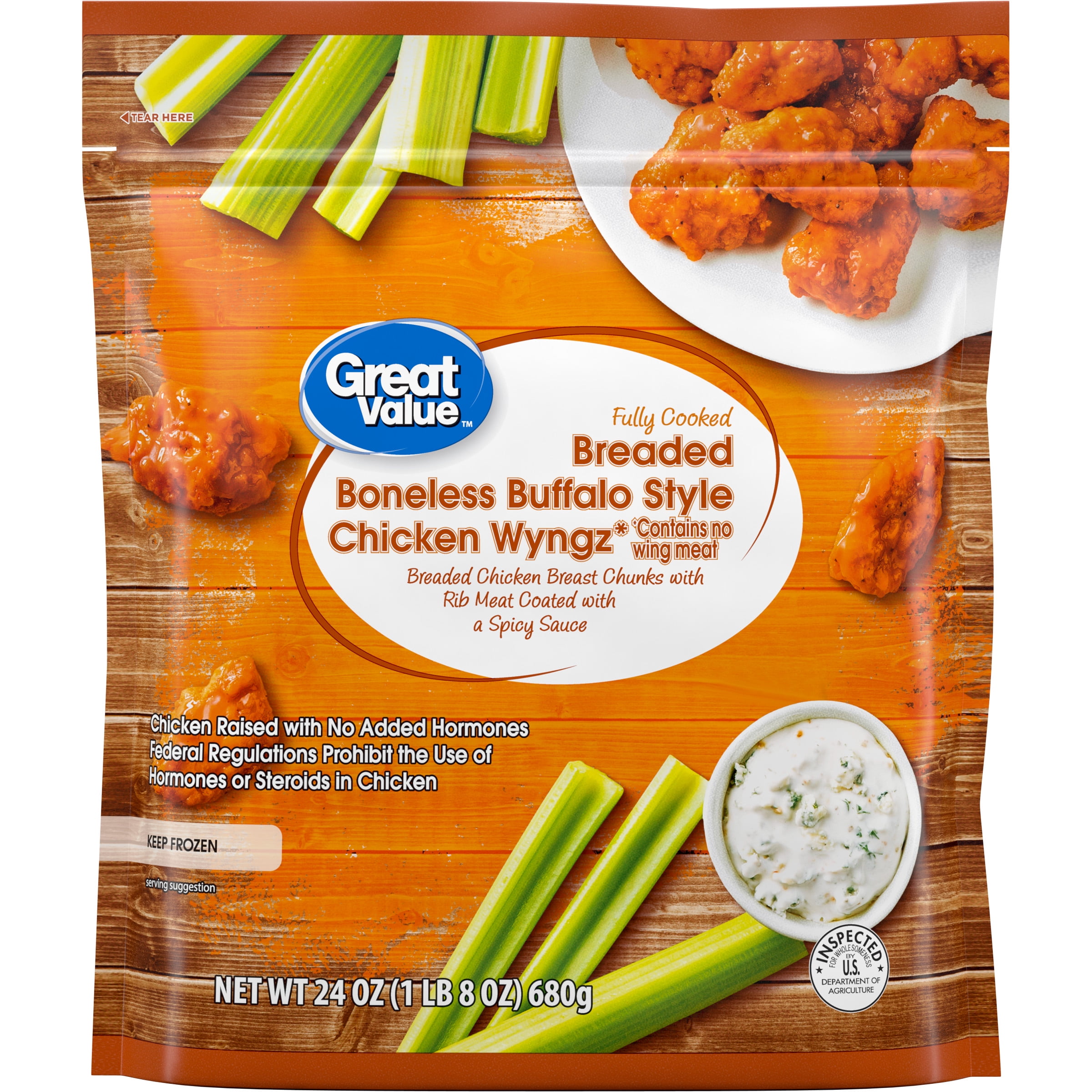 Great Value Buffalo Style Seasoned Boneless Fully Cooked Chicken Wyngz, 24 oz