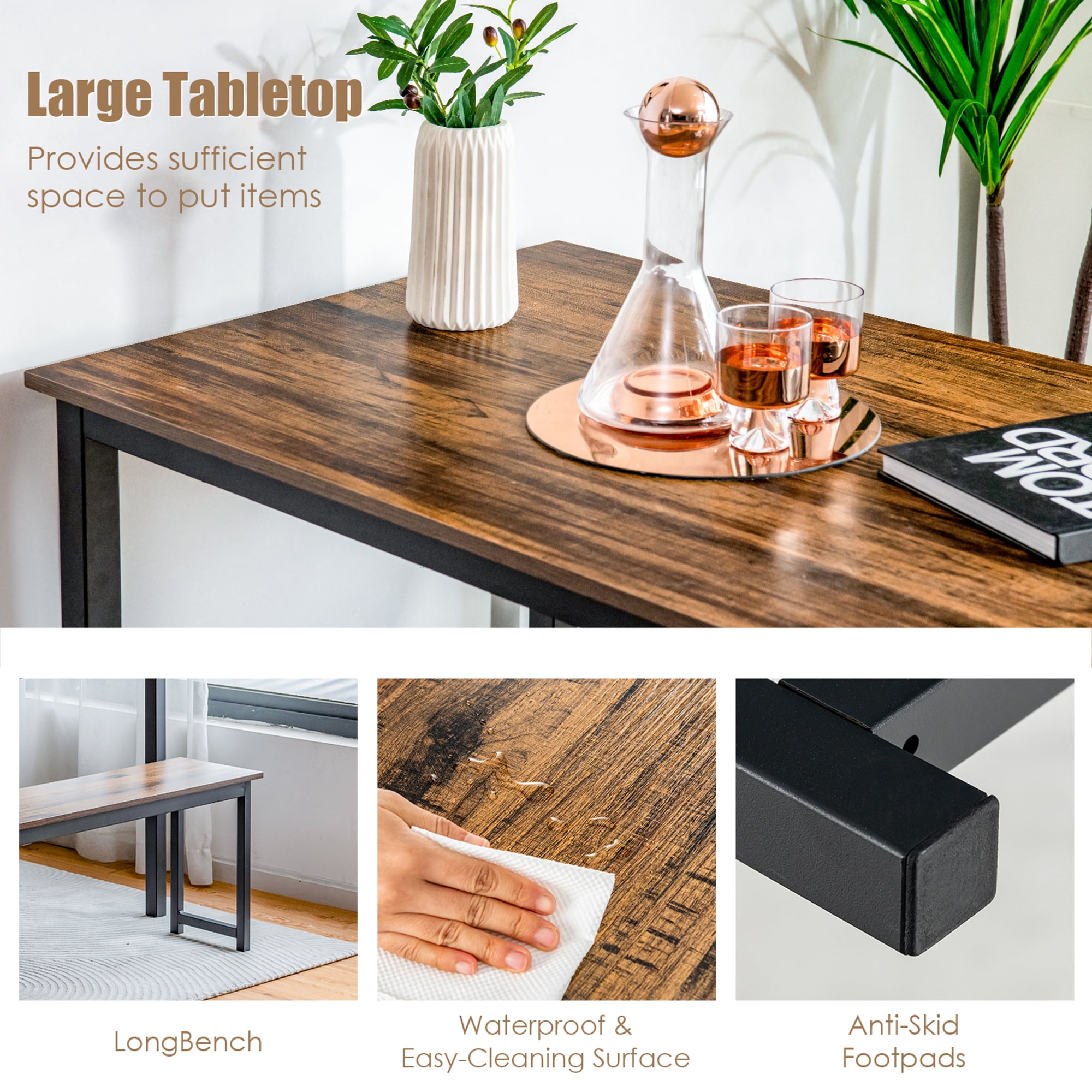 Gymax Brown Modern 3 PCS Dining Table Bench Set w/ Metal Frame & Wooden Tabletop