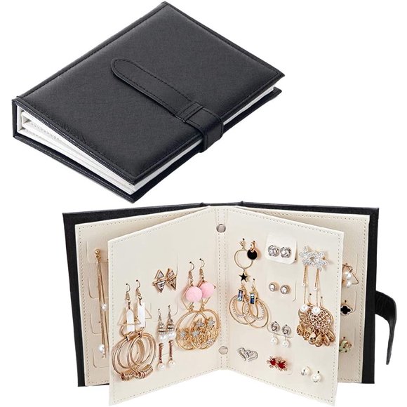 Fangoo Organisateur de Boucles d'Oreilles Design Livre Support de Boucles d'Oreilles Étui de Rangement pour Bijoux de Voyage Plateau Support, Capacité de 42 Paires (Noir)