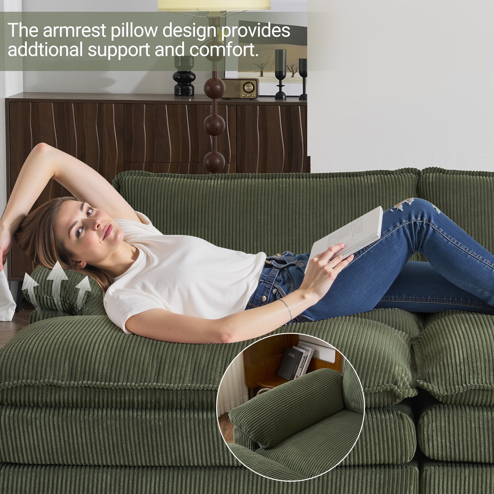 Zimtown 90" Sofa Bed Couch with Pillow Arms and Double Layer Cushions, Corduroy Loveseat Sofa with Removable Ottoman for Living Room, Green