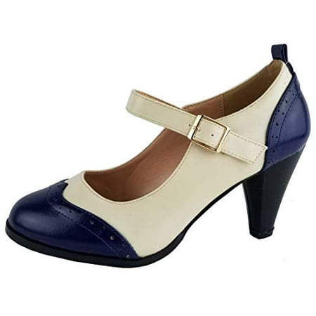 Two Tone Dora - Chase & Chloe Dora-2 Navy/White Women's Round Toe Two Tone Mary Jane Pumps