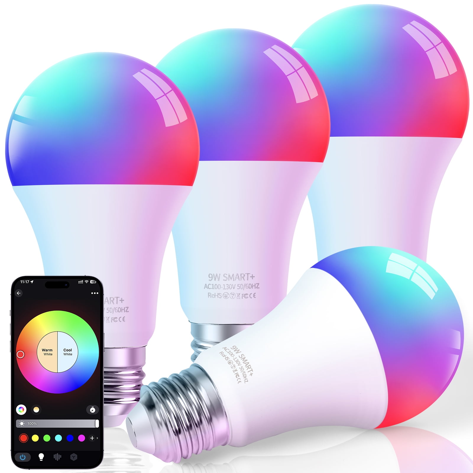 FRIDEKO HOME A19 Smart LED Light Bulbs, WiFi + Bluetooth, RGBWW Color Changing, 800lm, E26 Base, 9W (60W Eqv), Smart Light Bulbs Work with Alexa, Google Home, Smartthings, Music Sync, 4 Pack