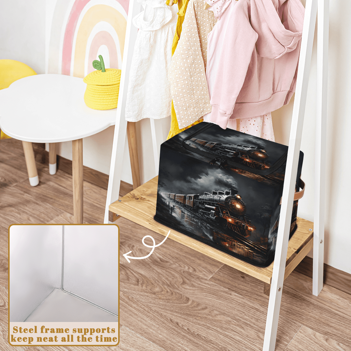 ADECORIVY Train Fabric Storage Bin with Lid, Decorative Closet Shelf Organizers, Steam Train Foldable Basket Box Clothes Storage Bin with Handles