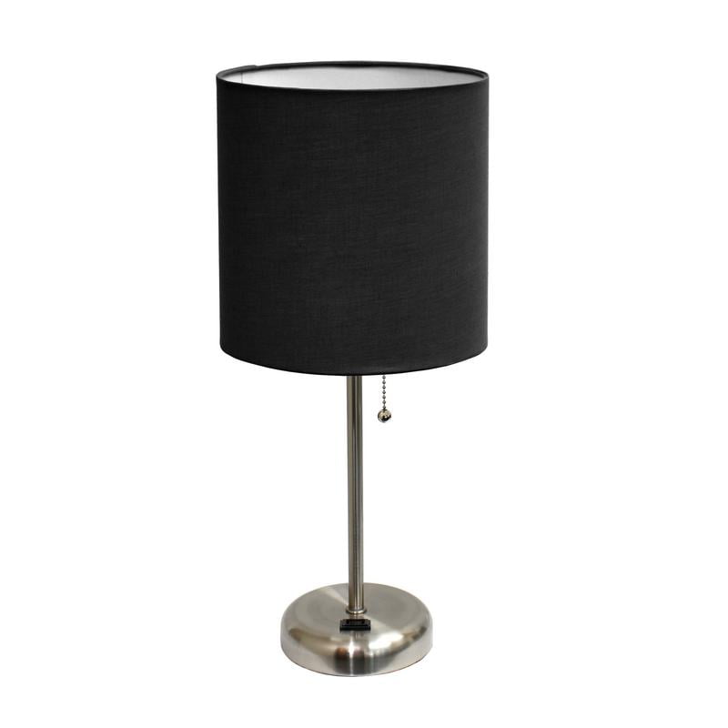 19.5" Nightstand Bedside Table Lamp Fabric Drum Shade Pull Chain Charging Outlet