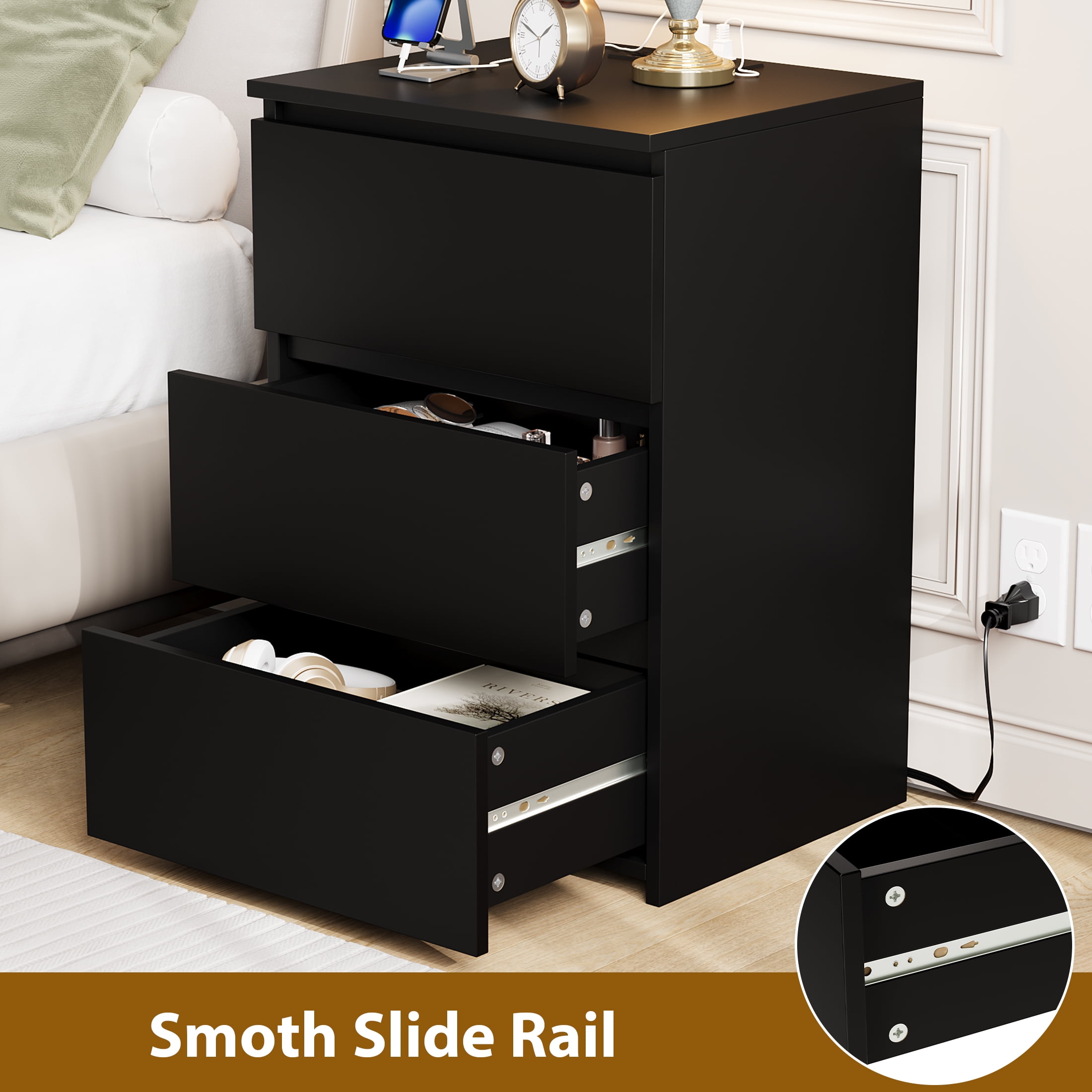 Homfa 3 Drawers Nightstand with Charging Station, Side Table with Storage for Living Room, Black Bedside Nightstand for Bedroom