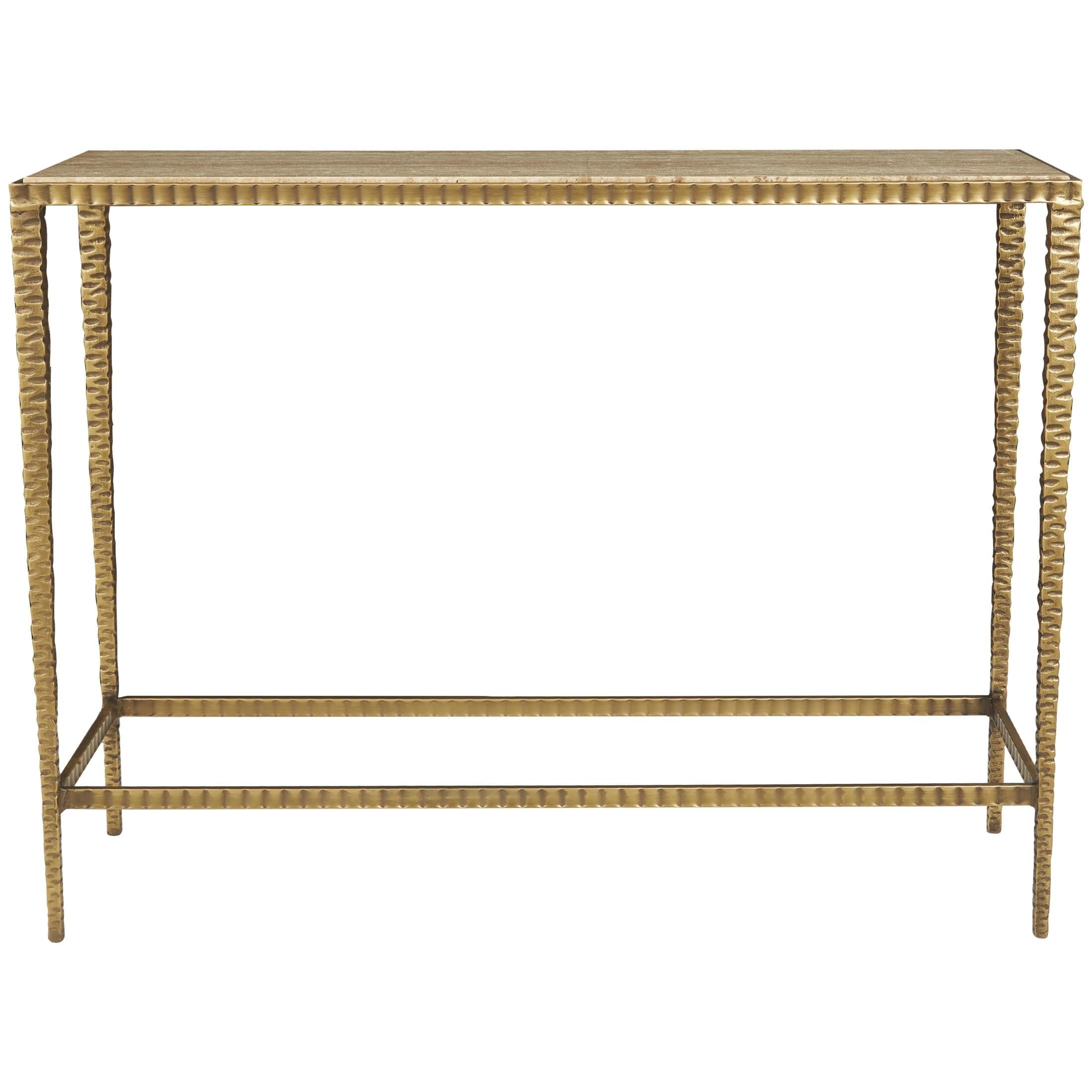 DecMode 37" x 28" Beige Marble Slim Rectangular Console Table with Hammered Gold Metal Legs, 1-Piece