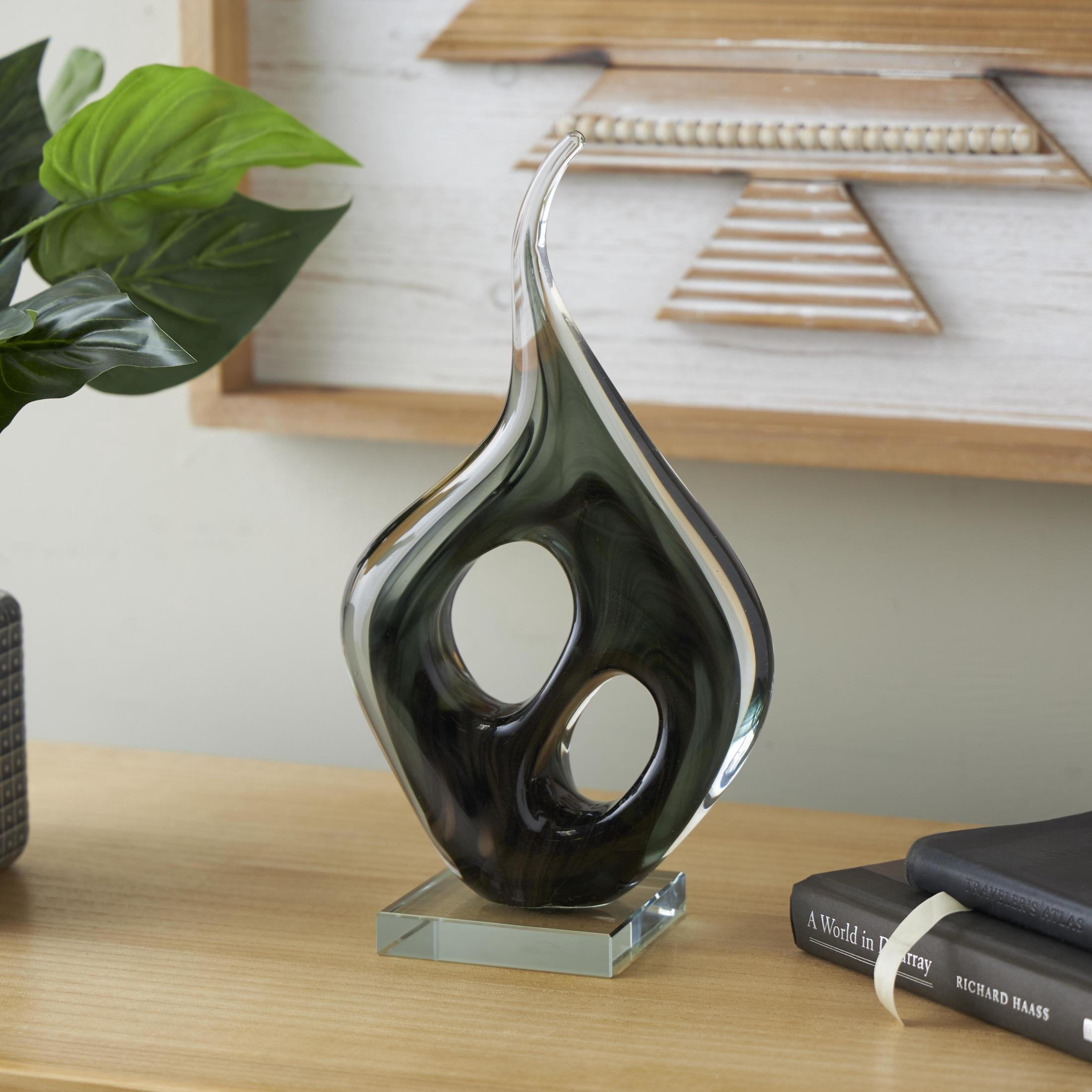 7" x 13" Green Glass Curved Cutout Abstract Sculpture with Swirl Patterns, by DecMode