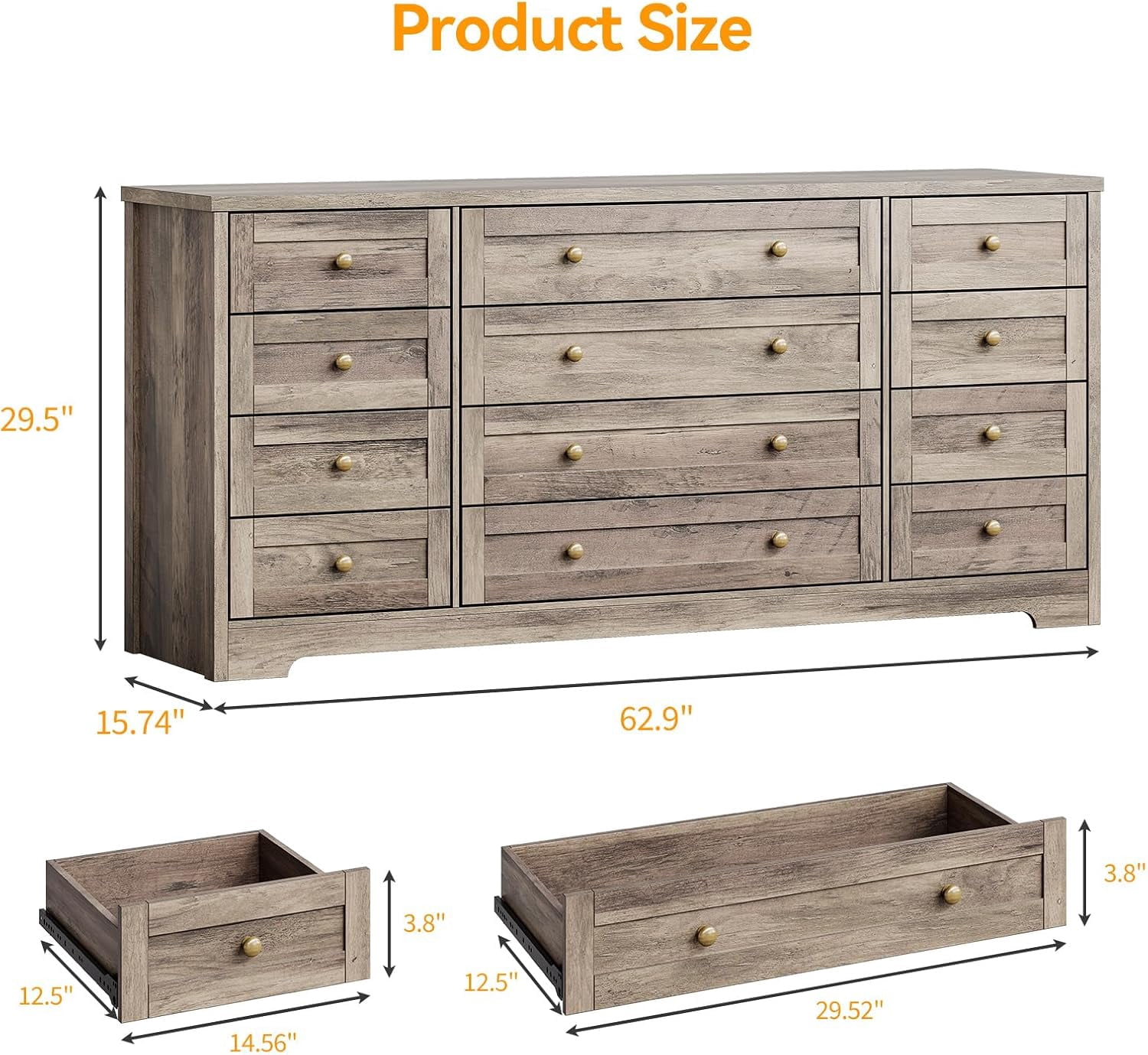 Twister.CK 12-Drawer Wooden Dresser, Modern Chest of Drawers & TV Stand for 65-Inch TV, Bedroom, Closet, Living Room, Hallway, Gray