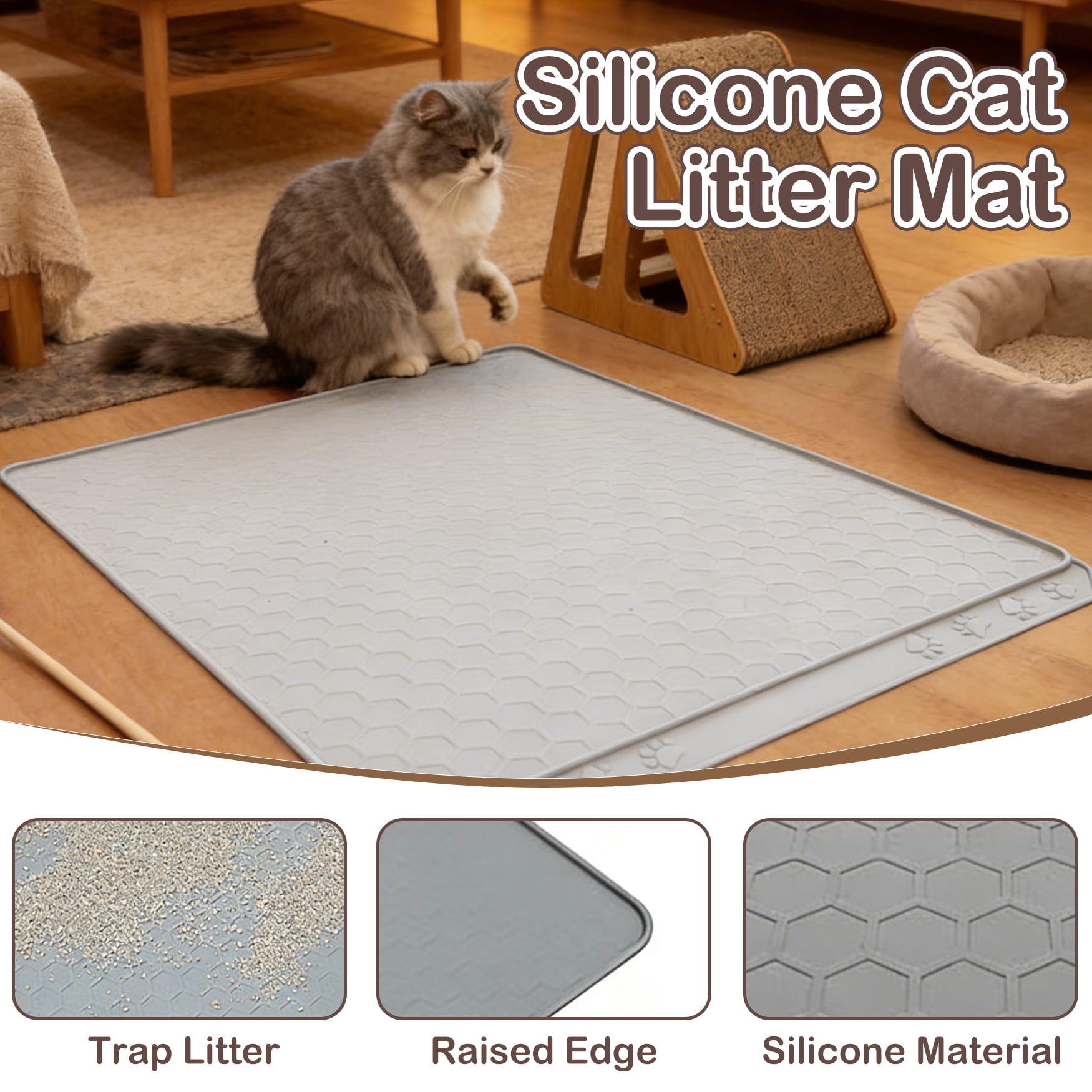 Tisoloow Silicone Large Cat Mat for Litter Box Waterproof 34" X 22" Trapping Mat for Kitty Litter Box Easy to Clean Scatter Control Non-Slip Durable Pad for Floor Grey