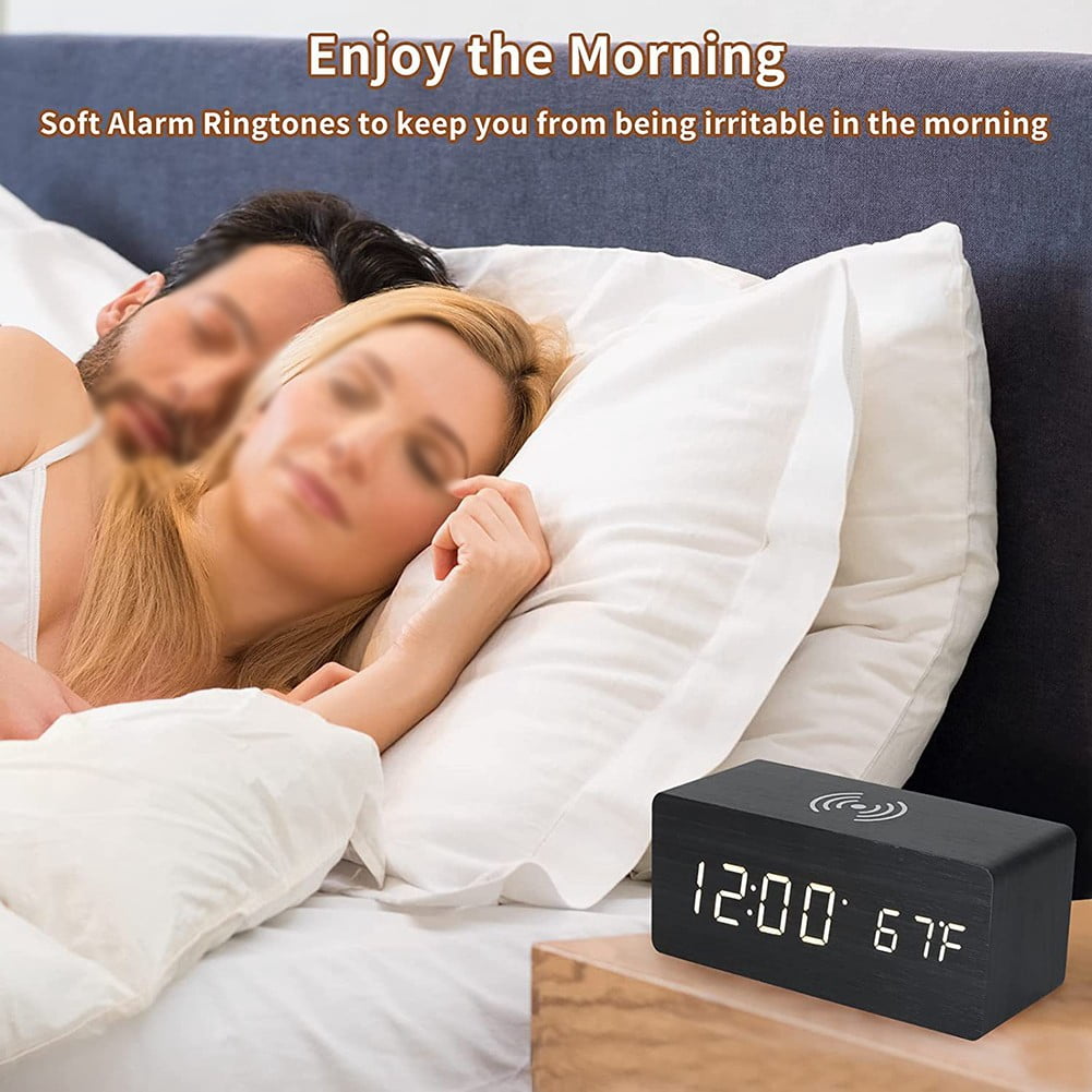 Wooden Digital Alarm Clock with Wireless Charging, Dimmable, Adjustable Volume, 3 Alarms, Weekday/Weekend Mode, Snooze, Digital Clock for Bedroom, Bedside, Office