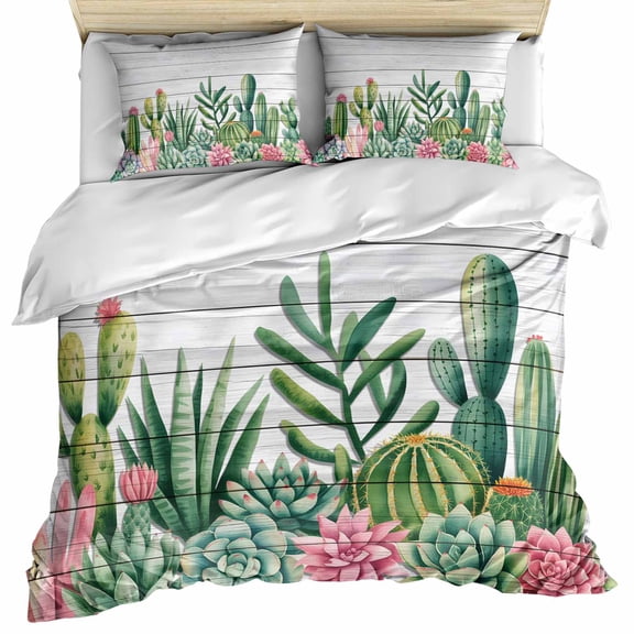 Summer Botanical Bedding 3 Piece Duvet Cover Set Queen Size, Tropical Cactus Succulents Gray Wooden Microfiber Comforter Cover with Zipper Closure & Pillowcases, Wrinkle & FadeResistant Quilt Cover