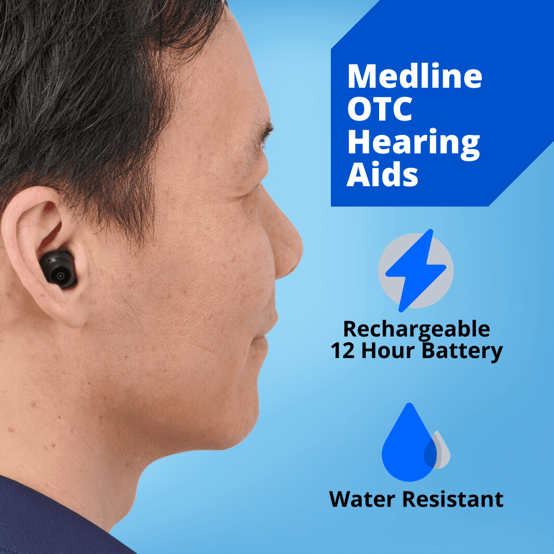 Medline Rechargeable OTC In-The-Ear Hearing Aid, Black, Adjustable Volume