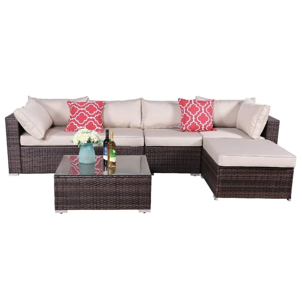 Oakville 6 Piece Made In Usa Outdoor Sectional Sofa Rattan Patio Furniture Sets Brown Wicker Beige Cushion Walmart Com Walmart Com