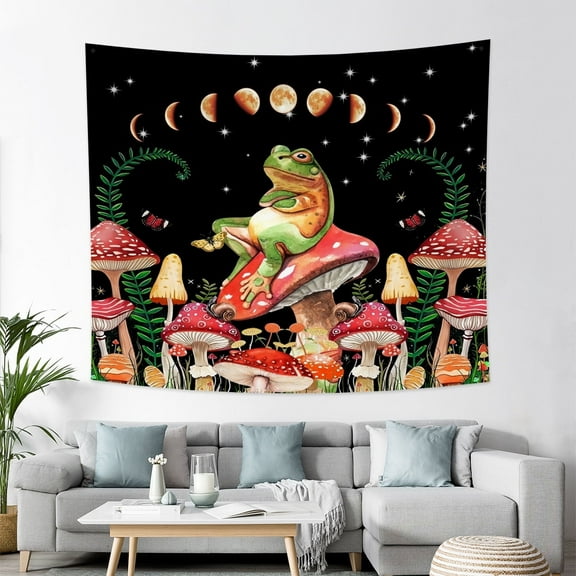 Pbobriich Boho Sun and Moon Tapestry Wall Hanging,Green Frog and Red Mushroom Vintage Tapestry for Dorm Bedroom Decor