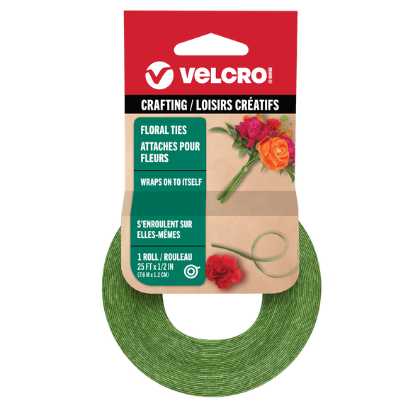 VELCRO Brand Crafting Floral Ties for Crafts, Bouquets, Project, Décor, Reusable and Adjustable, Cut-to-Length, 25 ft x 1/2 in, Green-Recycled Plastic
