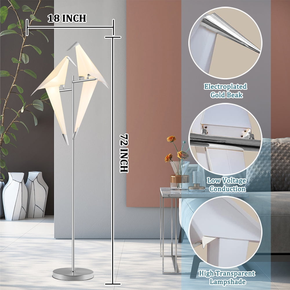 Set of 2 Silver Origami Crane Floor Lamps - Modern Wrought Iron Standing Light with LED Bulbs & White Shade, Sculptural Bird Design for Living Room Bedroom