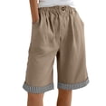 thumbnail image 2 of Plus Size Summer Shorts with Pockets Women Striped Hem Elastic Waist Cotton Linen Beach Lounge Long Shorts (XL, Khaki), 2 of 8
