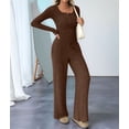 thumbnail image 6 of Women'S 2 Piece Matching Lounge Sets Fall Outfits Henley Neck Sweater Top Wide Leg Pants Sweat Suits Dark Brown L, 6 of 9