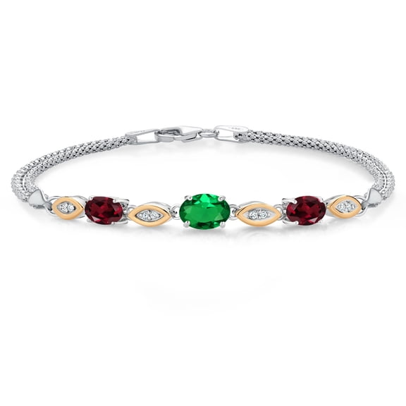 925 Silver and 10K Yellow Gold Green Nano Emerald and Red Rhodolite Garnet and White Lab Grown Diamond Bracelet for Women (1.66 Cttw, Gemstone May Birthstone, Oval, Wheat Chain, 7 inches)